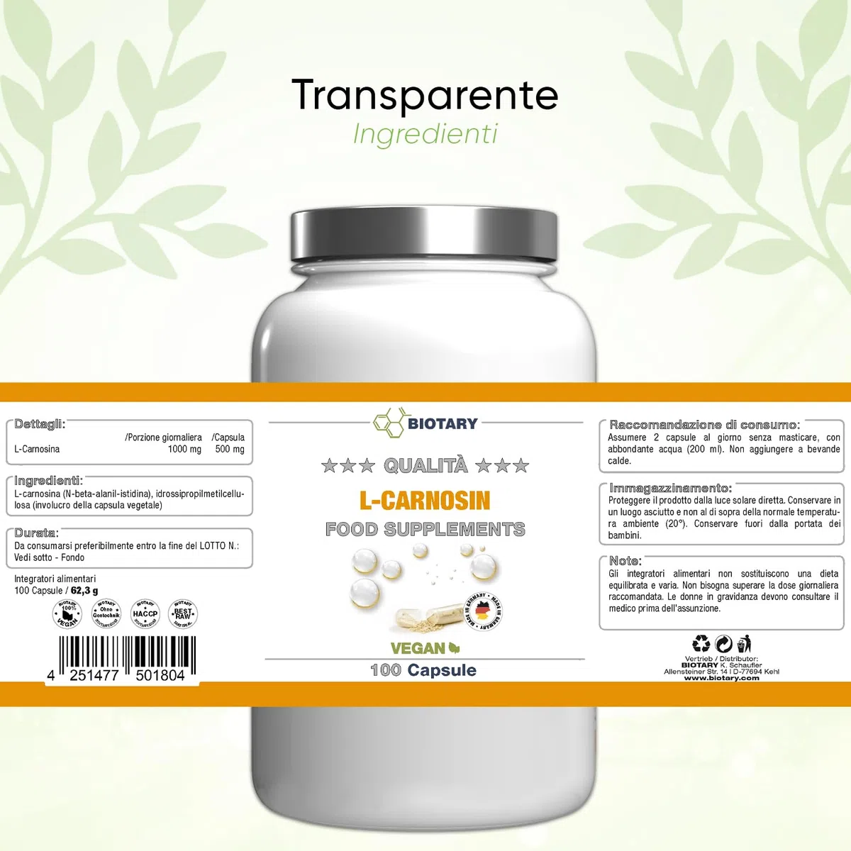 L-Carnosina 100 Capsule | 1000 mg per dose giornaliera | Inclusa scatola porta pillole | 100% Vegano | Alta dose e senza additivi | Alta biodisponibilità | Testato in laboratorio