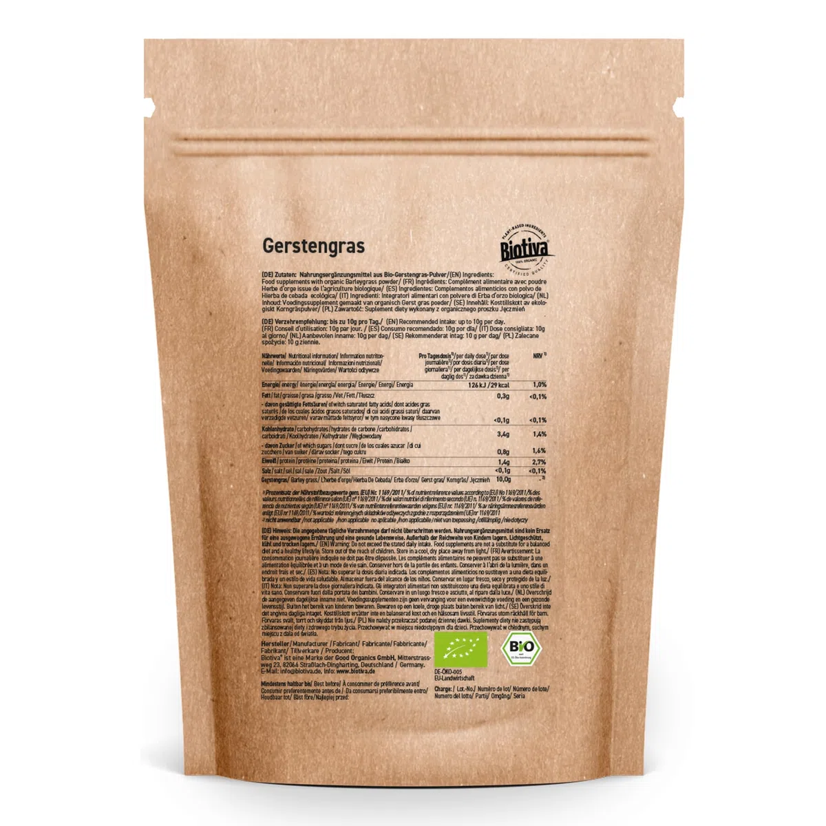 Polvere di orzo verde biologica 1kg (2x500g) - polvere di orzo giovane e fine dalla Germania - certificata Bio - gusto delicato - confezionata e controllata in Germania - Biotiva