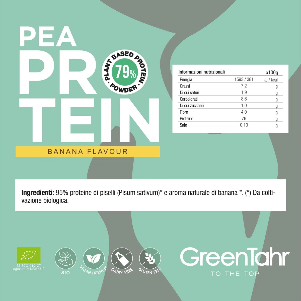 Green Tahr Proteine di Pisello in Polvere Vegane Bio Gusto Banana 750g. 79% Proteine Vegetali per Massa Muscolare Senza Zucchero, Edulcoranti, Lattosio né Glutine