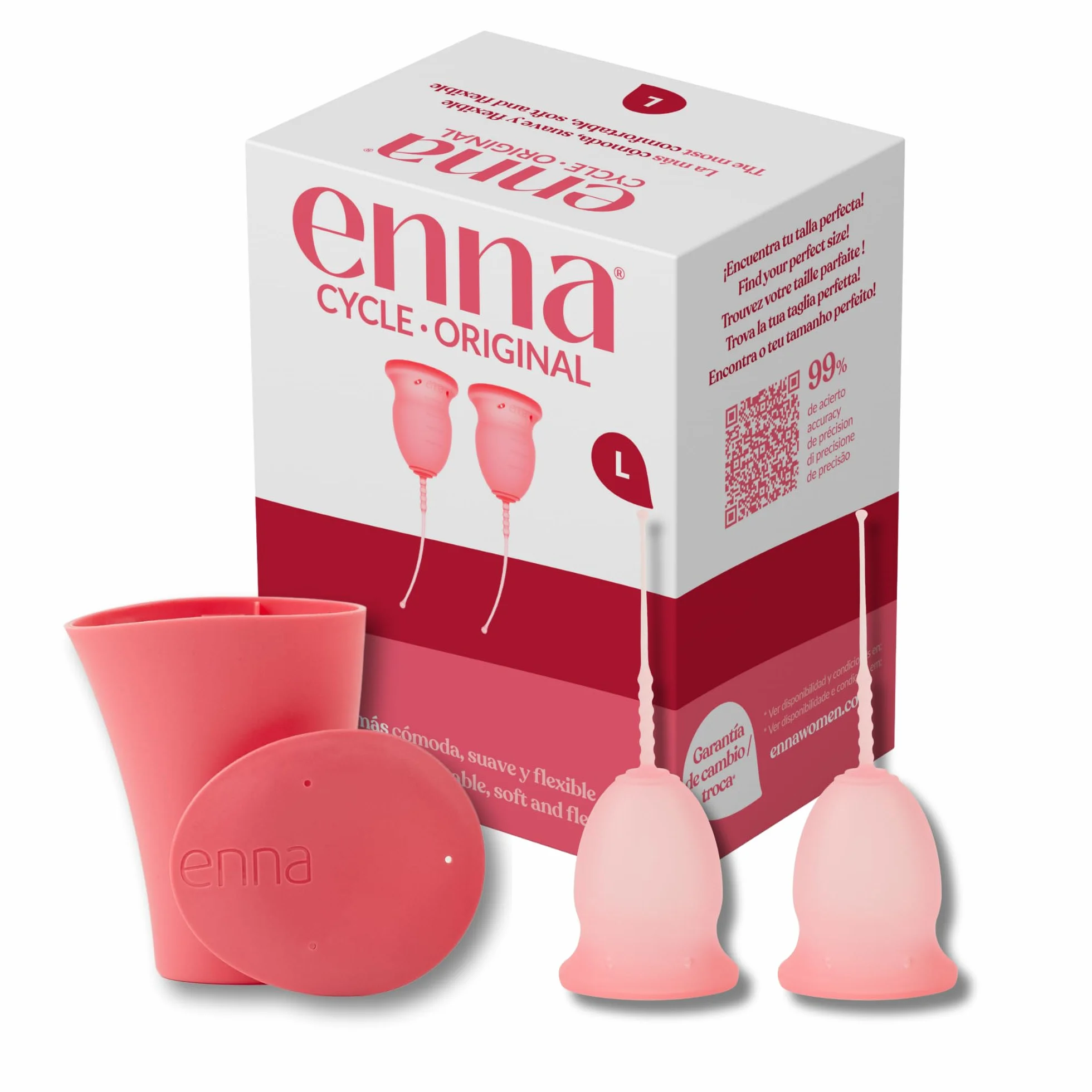 Enna Cycle Original Coppetta Mestruale Taglia L – Pack 2 Coppette + enna box Sterilizzatore, Massimo Comfort e Adattamento Naturale, Silicone Medicale Made in Spagna, Fino a 12 Ore di Protezione