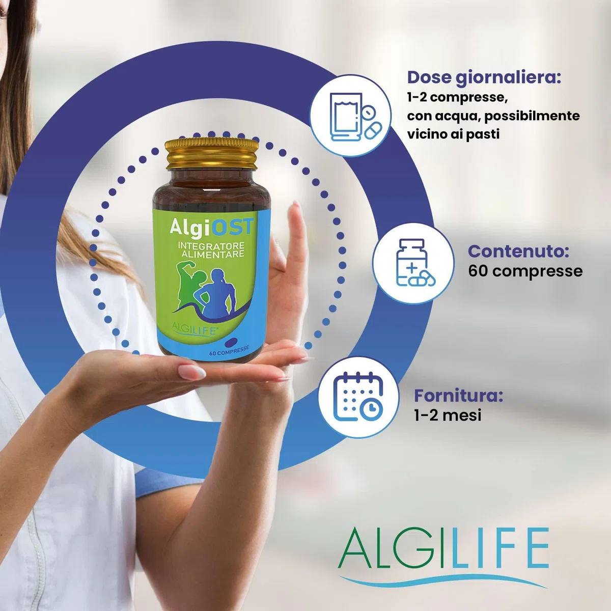Calcio Magnesio Zinco e Vitamina D3 K2, Vitamina C, Manganese (60 Compresse Vegane) AlgiOST ALGILIFE - ZMA Integratore Magnesio, Calcio Integratore, Zinco Integratore per Ossa, Denti, Articolazioni