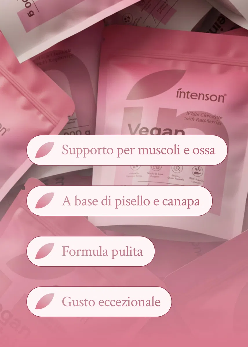 Intenson Vegan Protein Powder Cioccolato Bianco Lampone, 900 g, 21 g Proteine per Porzione, 30 Porzioni, Pisello e Canapa, 100% Vegetale, Senza Lattosio, Senza Glutine, Senza Zucchero, Formula Clean