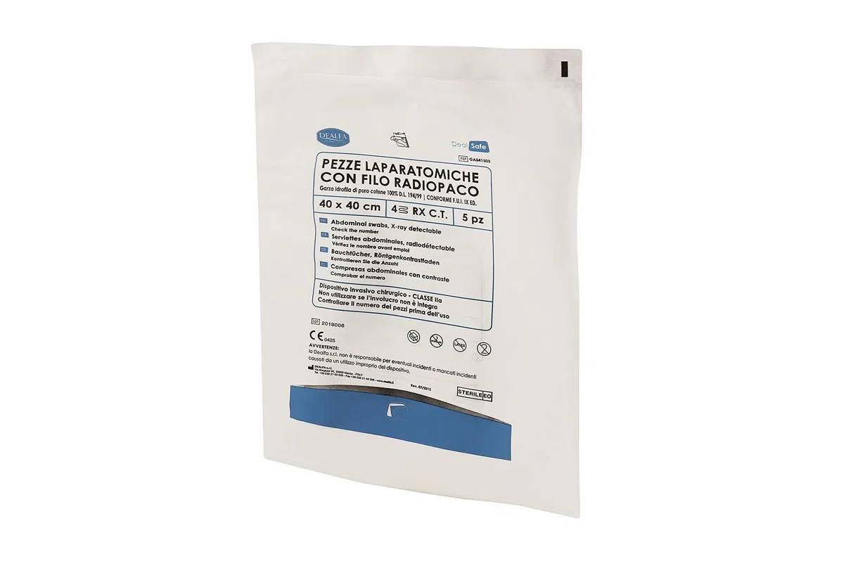 DEALFA Pezze Laparatomiche di Garza Sterili - 40x40 cm - 4 Strati con RX - Colore Bianco - Monouso - Doppia Busta Sterile da 5 Pezzi - Confezione da 5 Buste