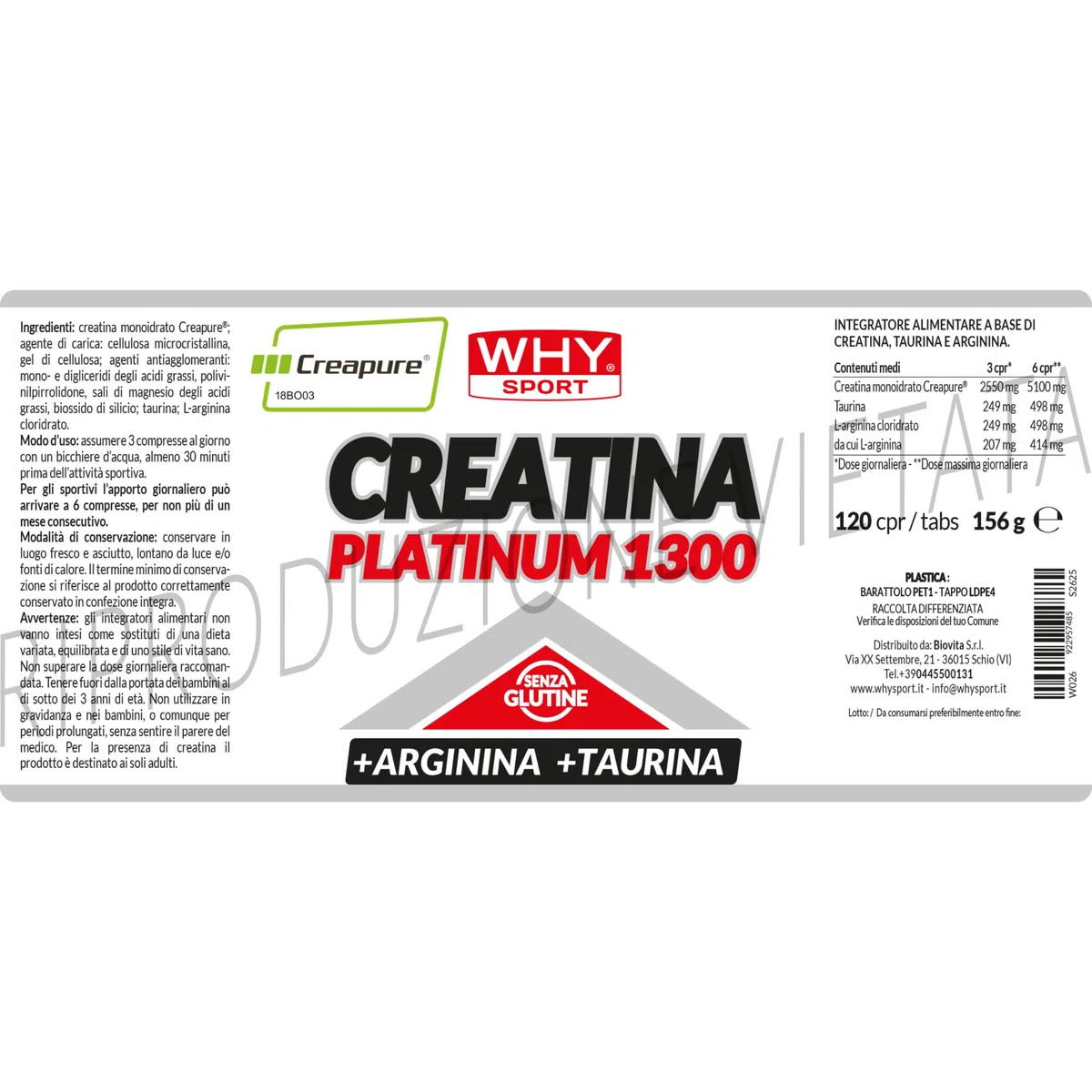 WHY SPORT CREATINA PLATINUM 1300 - Creatina - Pre Workout - Integratore Alimentare a Base di Creatina Monoidrato, Taurina e Arginina – 120 Compresse