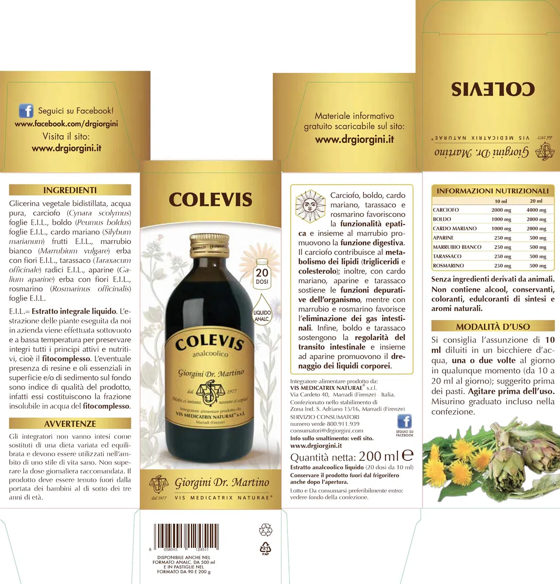 Dr Giorgini COLEVIS liquido analcolico - 200ml (integratore di Carciofo, boldo, cardo mariano, tarassaco e rosmarino)