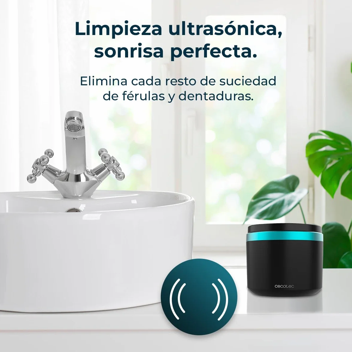 Cecotec Pulitore a Ultrasuoni per Bite Dentale e Protesi ToothCare EasyClean. Pulizia tramite Vibrazioni Ultrasoniche, Luci UV, Serbatoio da 200ml, Risultati in 5min, Cestello Interno Protettivo