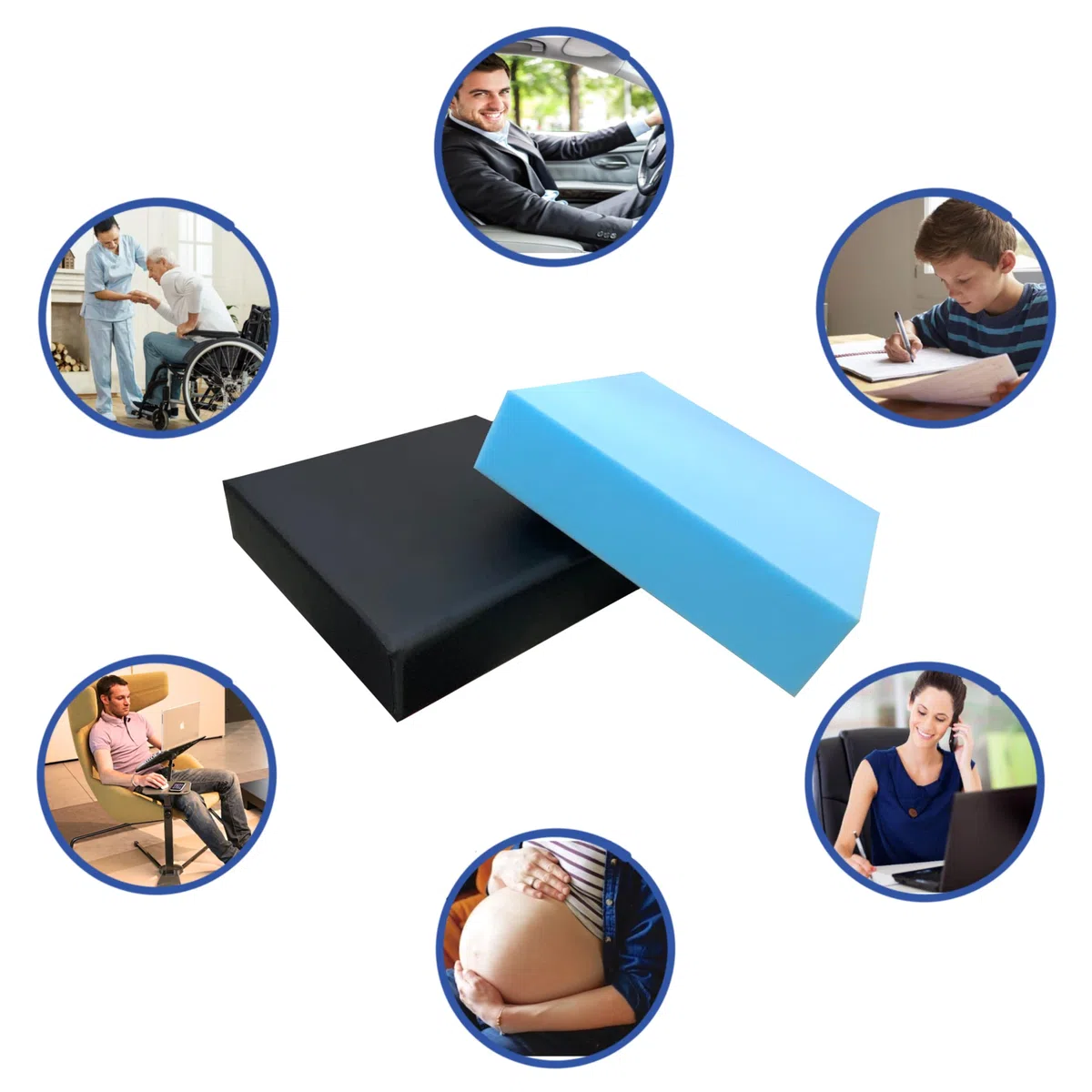 Cuscino antidecubito quadrato per sedia a rotelle - Ortopedico per coccige e zona lombare con rivestimento impermeabile e traspirante, imbottitura in schiuma HR Comfort.