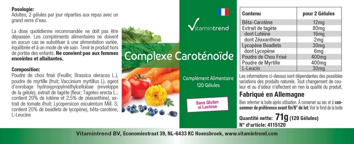 Vitamintrend Complesso di carotenoidi, 120 capsule, facili da deglutire, carotenoidi naturali, integratore alimentare vegano senza stearato di magnesio, prodotto in Germania