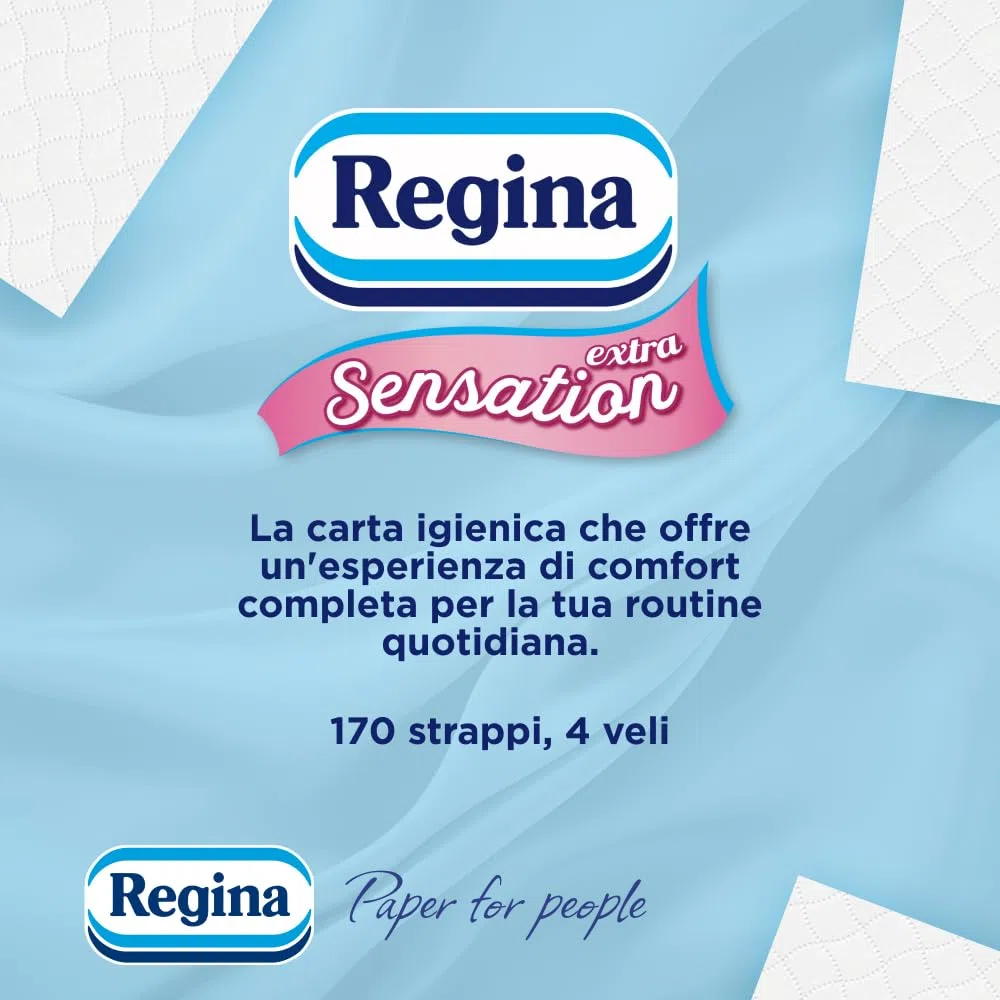 Regina Sensation Extra - 28 Rotoli di Carta Igienica, 170 Soffici Fogli a 4 Veli, Comfort ad Ogni Strappo, Confezione con il 60% di Plastica Riciclata, Carta 100% Certificata FSC