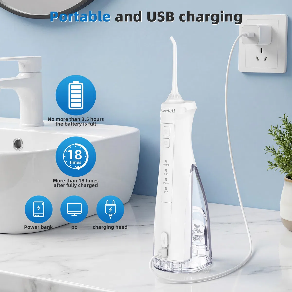 Idropulsore Dentale Portatile Ricaricabile, 300 ML Water Flosser Senza Fino a USB con 4 Gettoni e 4 Modalità, Impermeabile IPX7 per Casa e Viaggio (Bianco)