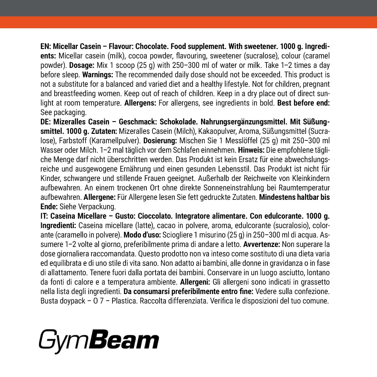GymBeam Caseina Micellare 1000g - Caseine di Alta Qualità - Polvere di Caseina per Crescita e la Rigenerazione Muscolare - A Basso Contenuto di Grassi, Deliziosa e Ben Solubile (1000 g, Chocolate)