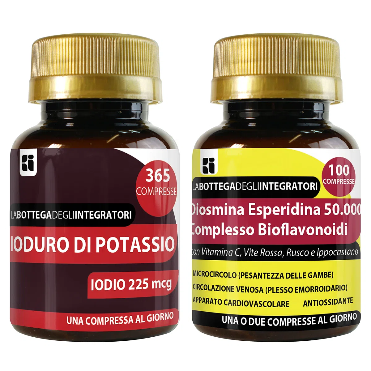 Set di integratori metabolismo tiroide + antiossidante circolazione | iodio 365 compresse + diosmina esperidina bioflavonoidi 100 compresse | non di origine animale | senza glutine e lattosio