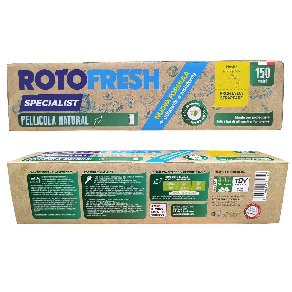 Ekoe, Pellicola Alimenti Biodegradabile, 100% Italiana, 150 Metri, Film Trasparente Cucina, Compostabile, Resistente, Vegano, per la Cucina