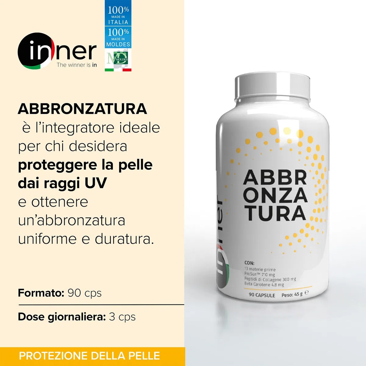 Inner Abbronzatura – 90 capsule – Integratore per Abbronzatura e Fotoprotezione – Protegge da Esposizione Solare e Stress Ossidativo – Stimola l’idratazione della Pelle
