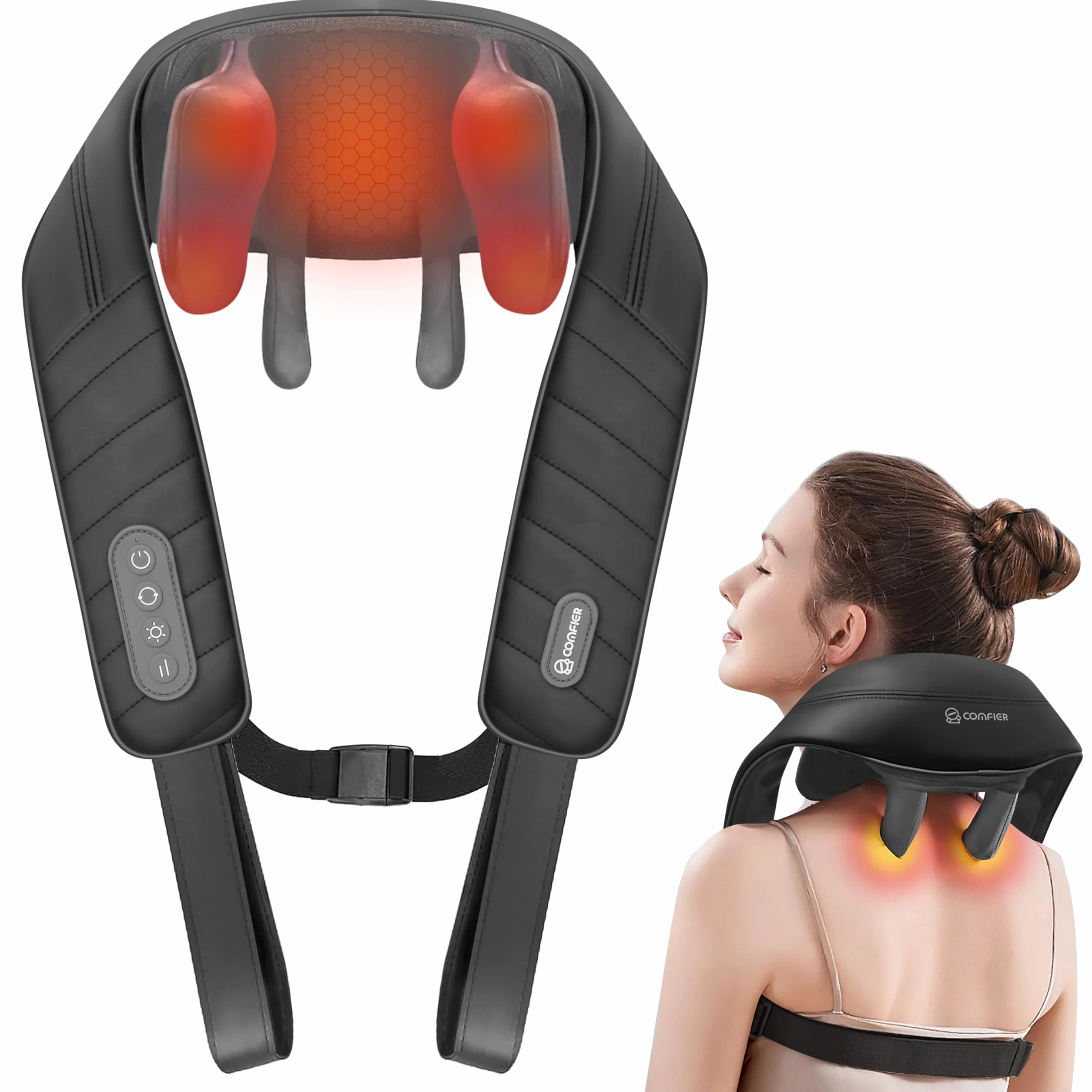 COMFIER Massaggiatore cervicale 6D, massaggiatore senza fili per spalle e collo con 2 livelli di riscaldamento, rivestimento lavabile, massaggio profondo, regalo per mamma e papà