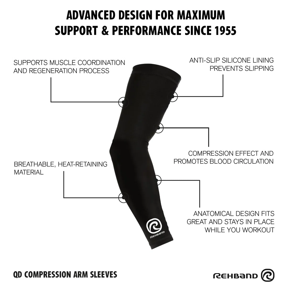 Rehband QD Arm Sleeve, Manicotto per Braccio, Benda compressiva per Basket, Pallamano e Fitness, Protezione del Braccio
