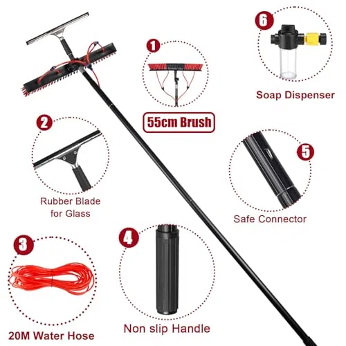 Kit de cepillo de limpieza de ventanas con poste de 9 m, cepillo alimentado por agua, dispensador de jabón y manguera de 20 m, ideal para paneles solares, limpiador de aluminio de 55 cm