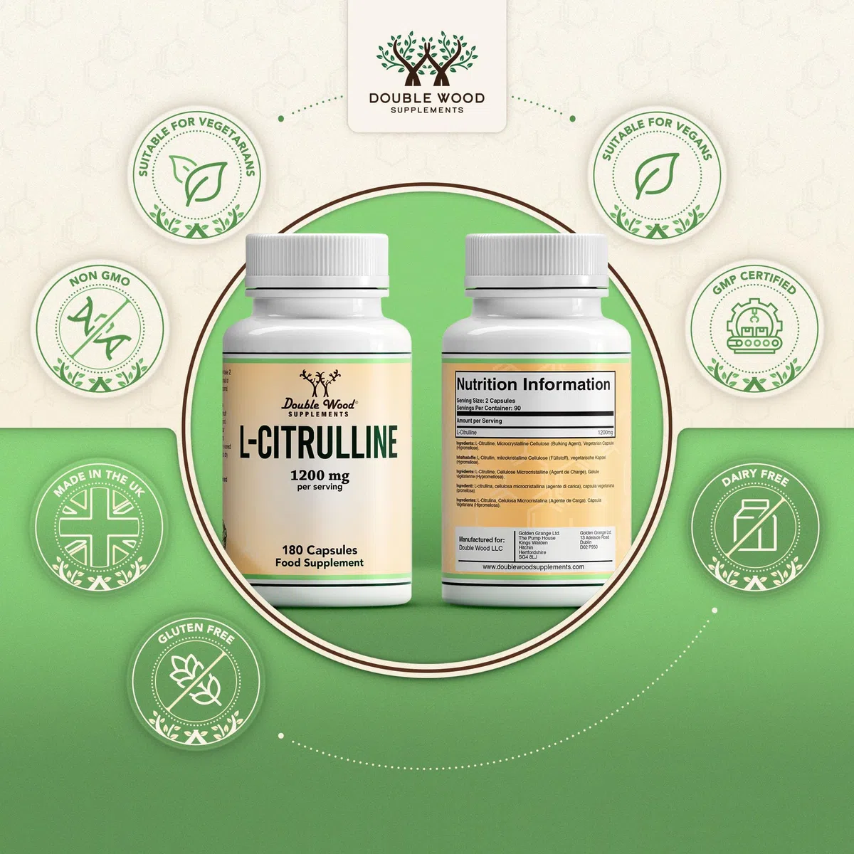 Double Wood L Citrullina | 180 Capsule L-Citrullina - 1200 mg L-Citrullina per Dose | Integratore Ossido Nitrico | Non-OGM e Senza Glutine | Prodotto nel Regno Unito
