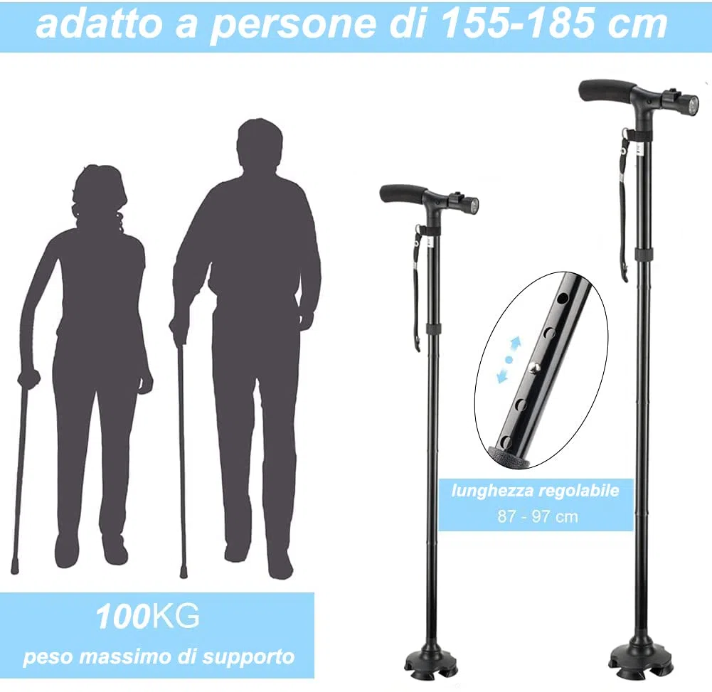 Bastone da Passeggio Pieghevole con Luce Torcia a LED, per Anziani,Altezza Regolabile, Canna Leggero,maniglia a T,Base Antiscivolo