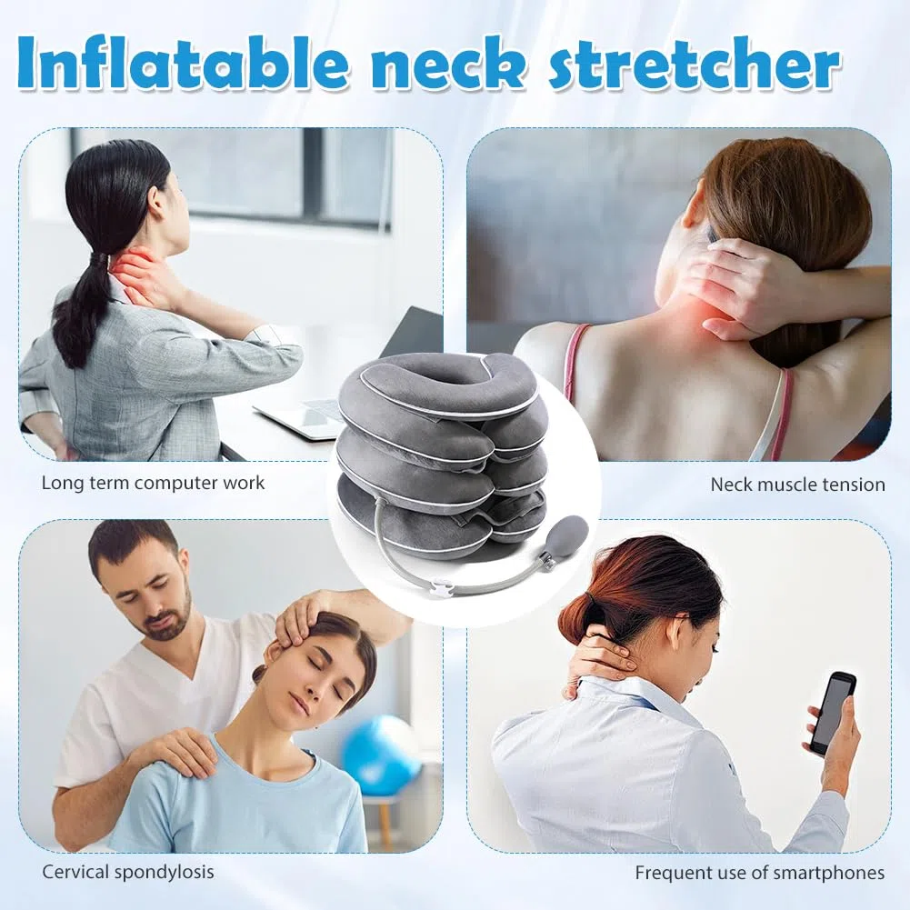 Collare Cervicale Gonfiabile, Cuscino Cervicale Gonfiabile a 3 Strati Estensibili, Collare Ortopedico Rimovibile con Supporto Mento, per Sollievo Dolori Cervicali, Tessuto Traspirante