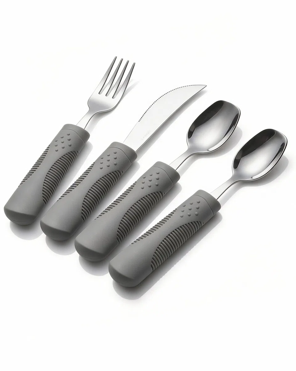 Set Posate Adattive Pesate 142g Argenteria Moderatamente Pesata per Tremore alle Mani Parkinson – Coltello a Dondolo, Cucchiaio Pala, Impugnatura Ergonomica (Grigio)