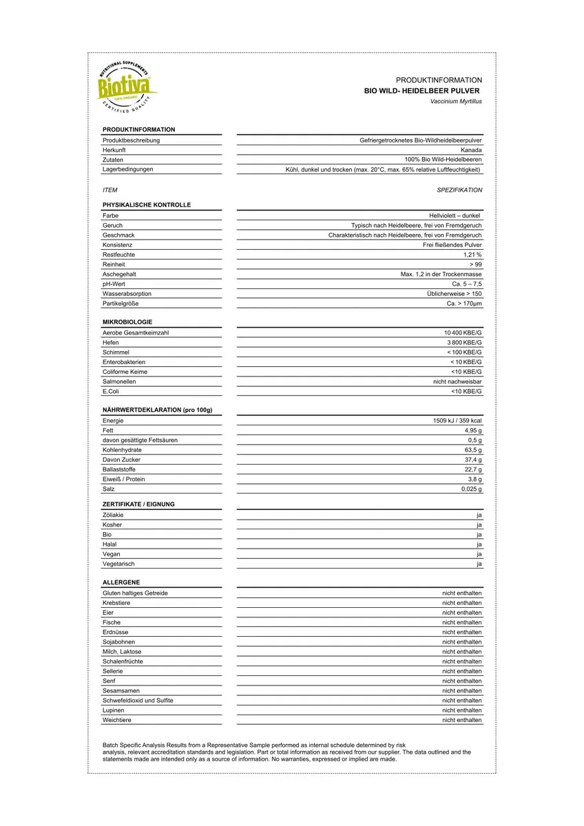 Mirtillo selvatico in polvere biologico 300g (2x150g) - Vaccinium myrtillus - polvere di mirtillo liofilizzato - imbottigliato e controllato in Germania (DE-ÖKO-005) - Biotiva