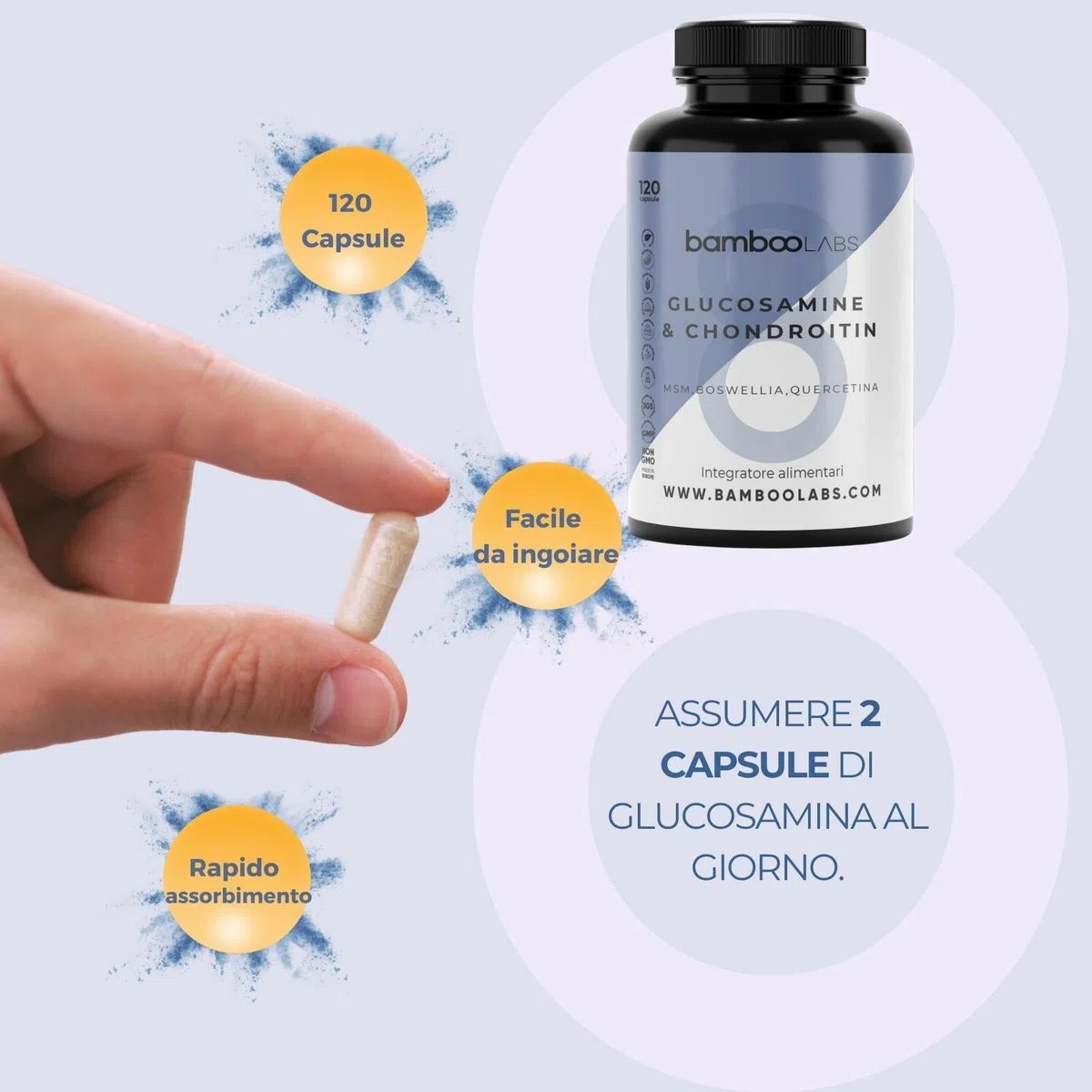 Bamboo Labs - Glucosamina, Condroitina, MSM, Boswellia, Acido Ialuronico e Quercetina, 120 Capsule Articolazioni e Cartilagine Integratori, Antiinfiammatorio Naturale per il Dolore alle Articolazioni