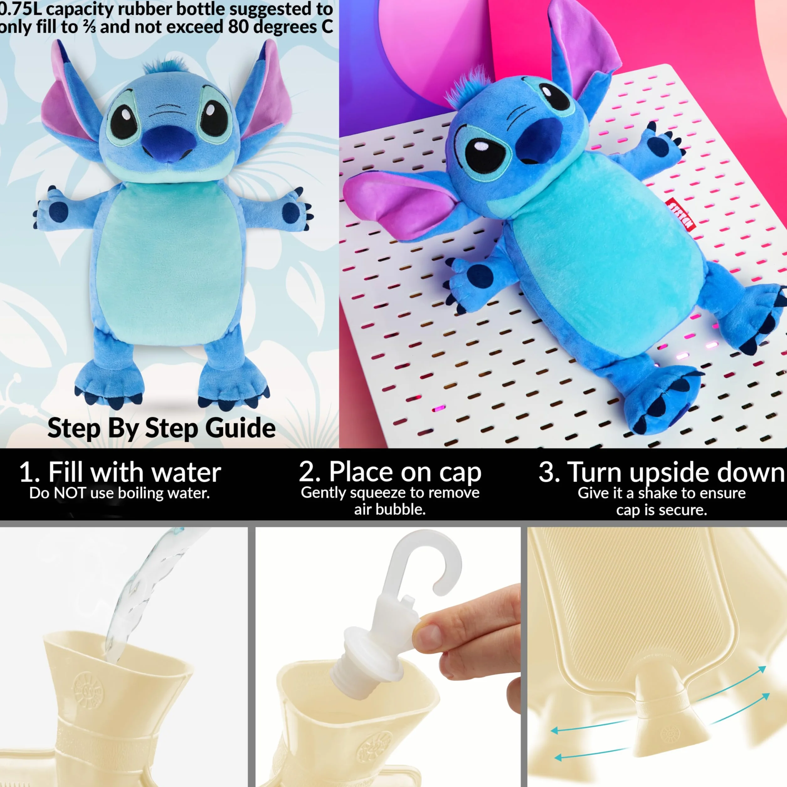 Disney Stitch Borsa Acqua Calda Simpatica con Copertura, Bottiglia Acqua Calda per Alleviare il Dolore alla Schiena Mestruali Collo e Spalle (Stitch 3D_750 ML)