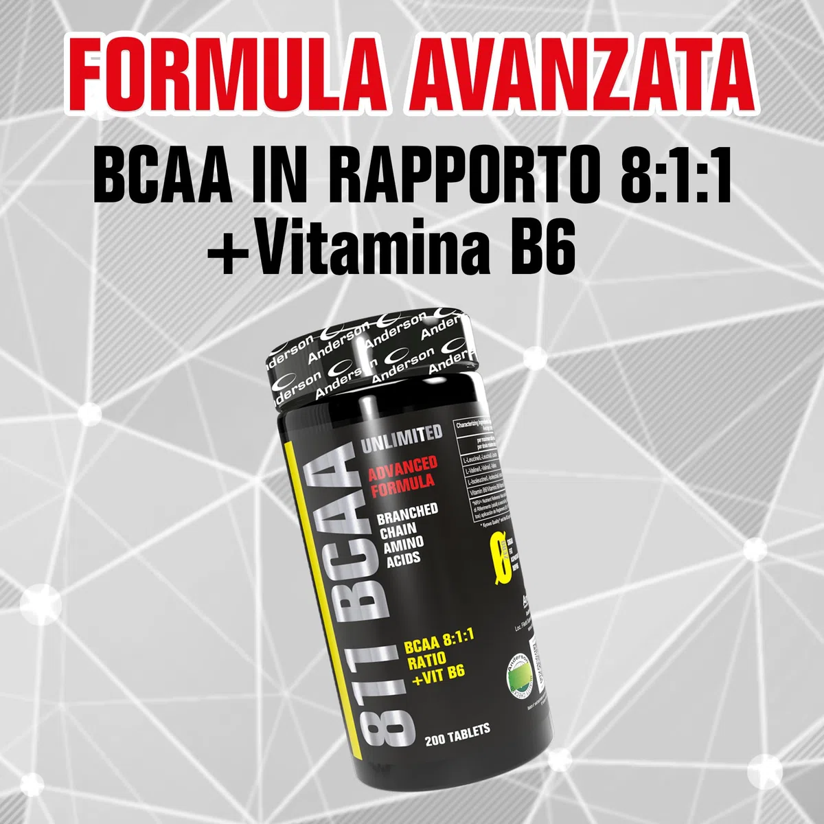 Anderson 811 BCAA UNLIMITED È un integratore di aminoacidi ramificati in rapporto 8:1:1 combinati con Vitamina B6 | 200 cpr | Made in Italy