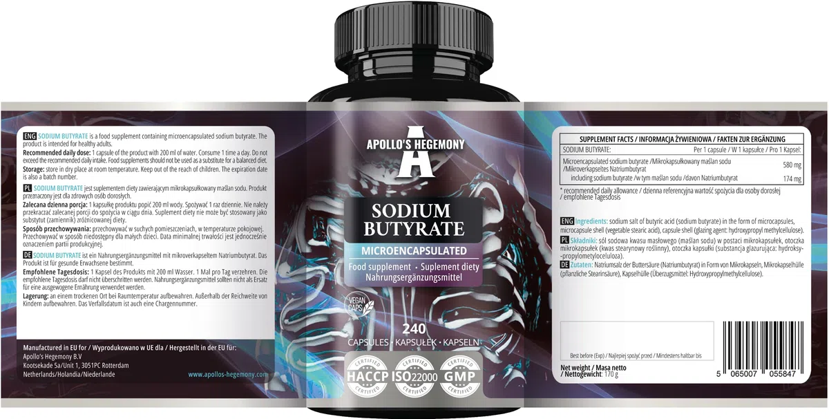 Sodio butirrato ad alto dosaggio 570 mg (30% di acido butirrico), 240 capsule vegane, 240 giorni di fornitura, integratore per sostenere la rigenerazione della barriera intestinale - Apollo's Hegemony