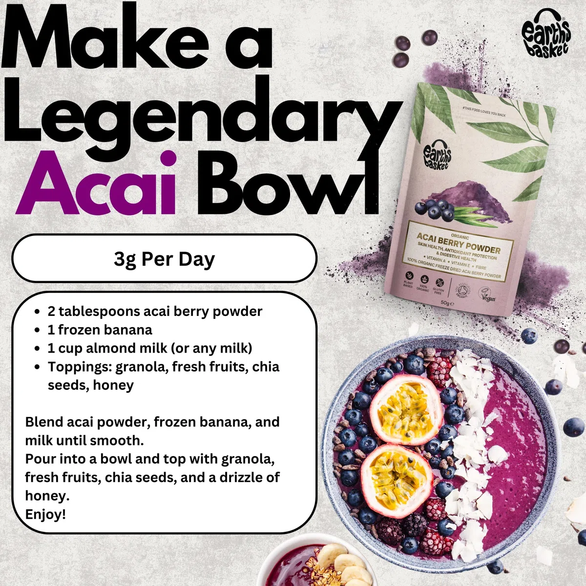 Earth's Basket, polvere di bacche di acai biologiche, precatori di Euterpe liofilizzati, 100% biologica pura e certificata, super alimento antiossidante (100 g)