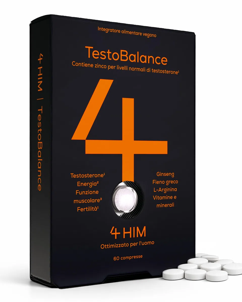 4 HIM TestoBalance Integratore Testosterone Uomo – ZMA, Ginseng & Fieno Greco – Zinco per Livelli di Testosterone – Magnesio, B6, L-Arginina & Selenio – 60 Compresse Vegane – Certificato GMP