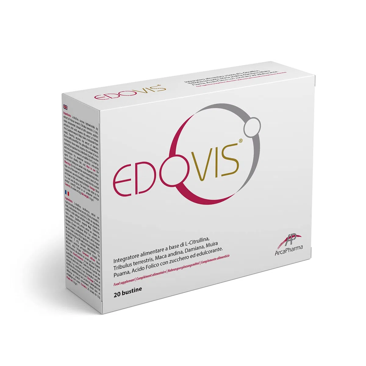 EDOVIS. Per il miglioramento delle prestazioni. Con una sola bustina al giorno. 100% Naturale. L Citrullina, Tribulus, Maca. 20 Bustine.