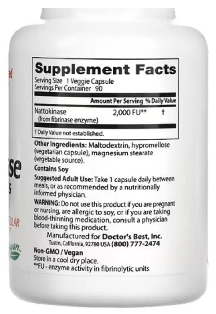 Doctor's Best - Nattokinase | 2000 FUs per capsula per la salute cardiovascolare - 90 capsule vegane