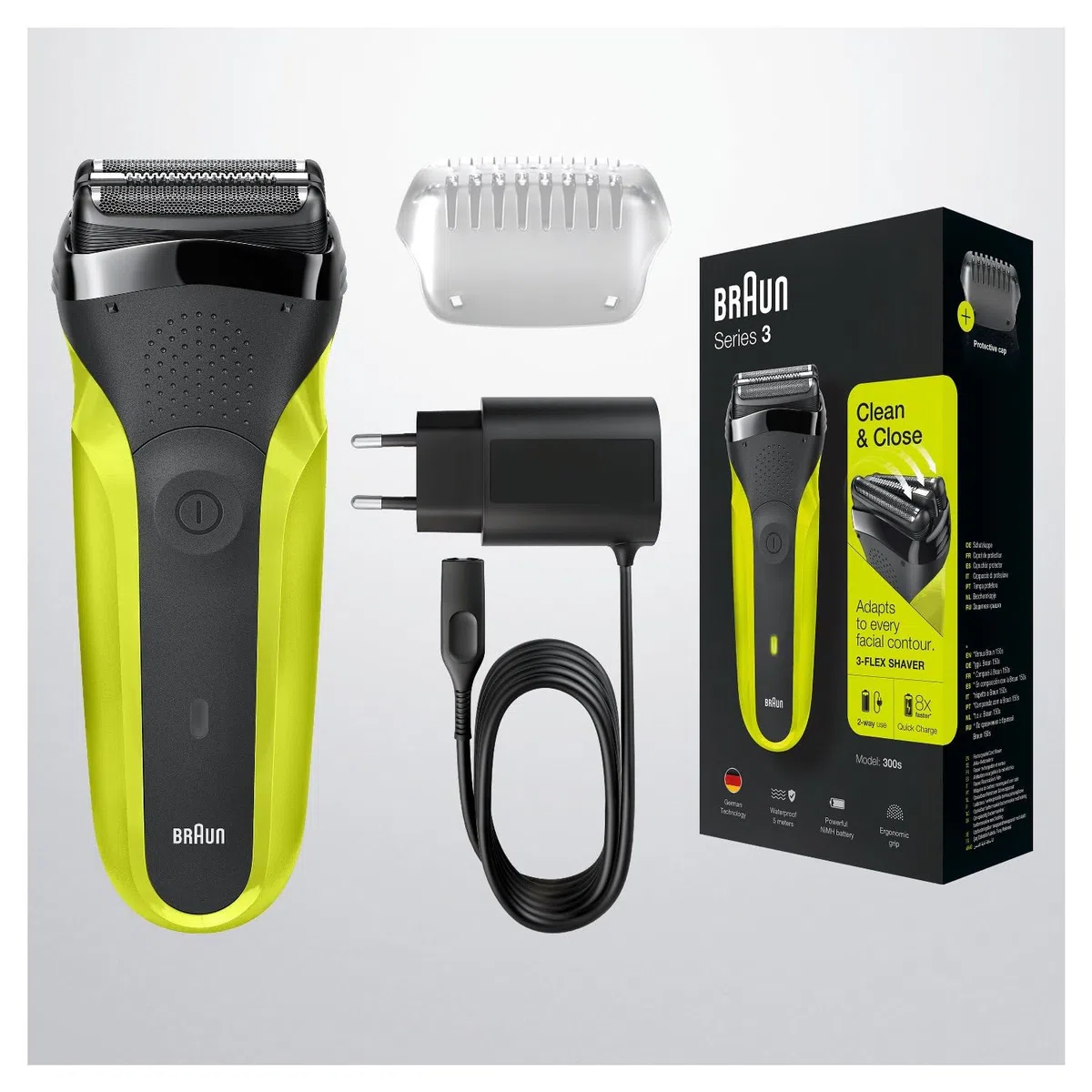 Braun Serie 3 300 Rasoio Elettrico Barba, Wet&Dry, Regolabarba Uomo, Rasoio Barba, 3 Lame Flessibili, Regolabarba Braun, Ricaricabile e Senza Fili, Nero/verde Elettrico
