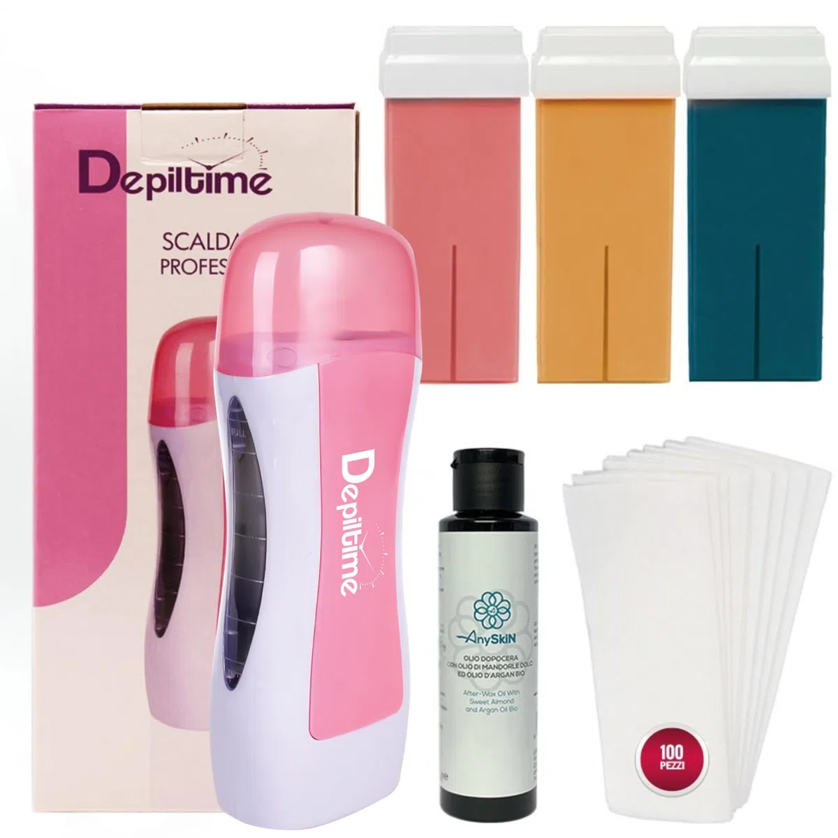 Anyskin Kit Scaldacera Rullo Professionale - Contiene 3 Ricarica Ceretta Rullo Liposolubile Aloe, Rosa e Argan + Anyskin Olio Dopocera 100ml e Strisce Depilatorie Tnt 100pz