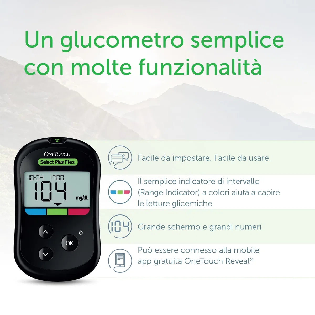 OneTouch Select Plus Flex® Glucometro | Sistema per l‘automonitoraggio della glicemia | contiene 1 glucometro, 1 dispositivo pungidito, 10 lancette sterili