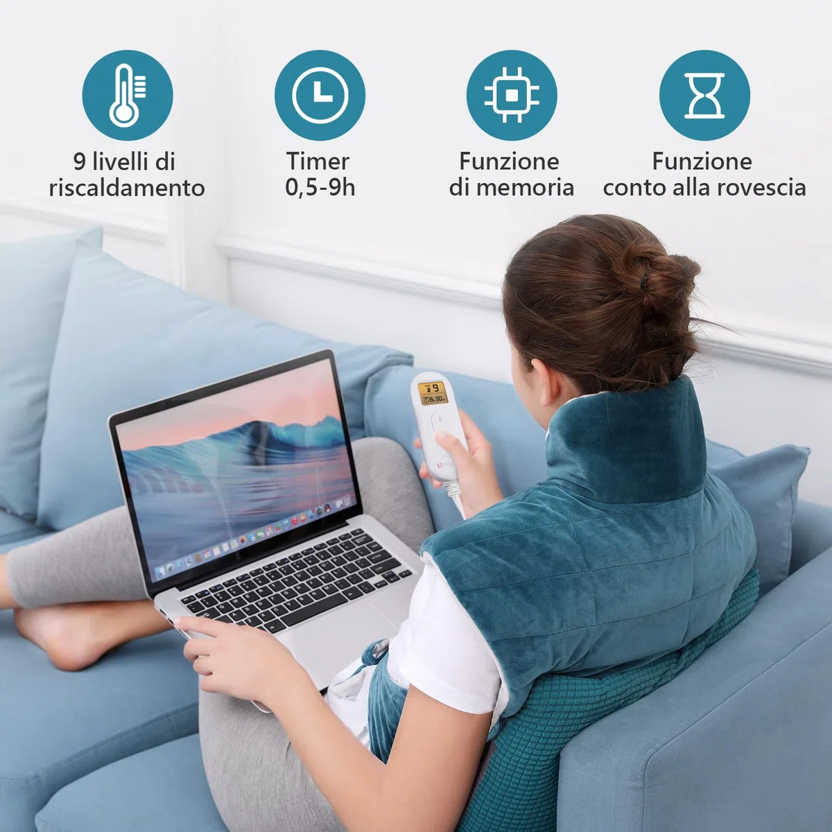 Comfytemp Termoforo Elettrico, Termoforo Ponderato per Schiena, Cervicale e Spalle, 9 Livelli di Riscaldamento, Termoforo Cervicale e Spalle, Cuscino Termico con Spegnimento Automatico, 53x 85cm