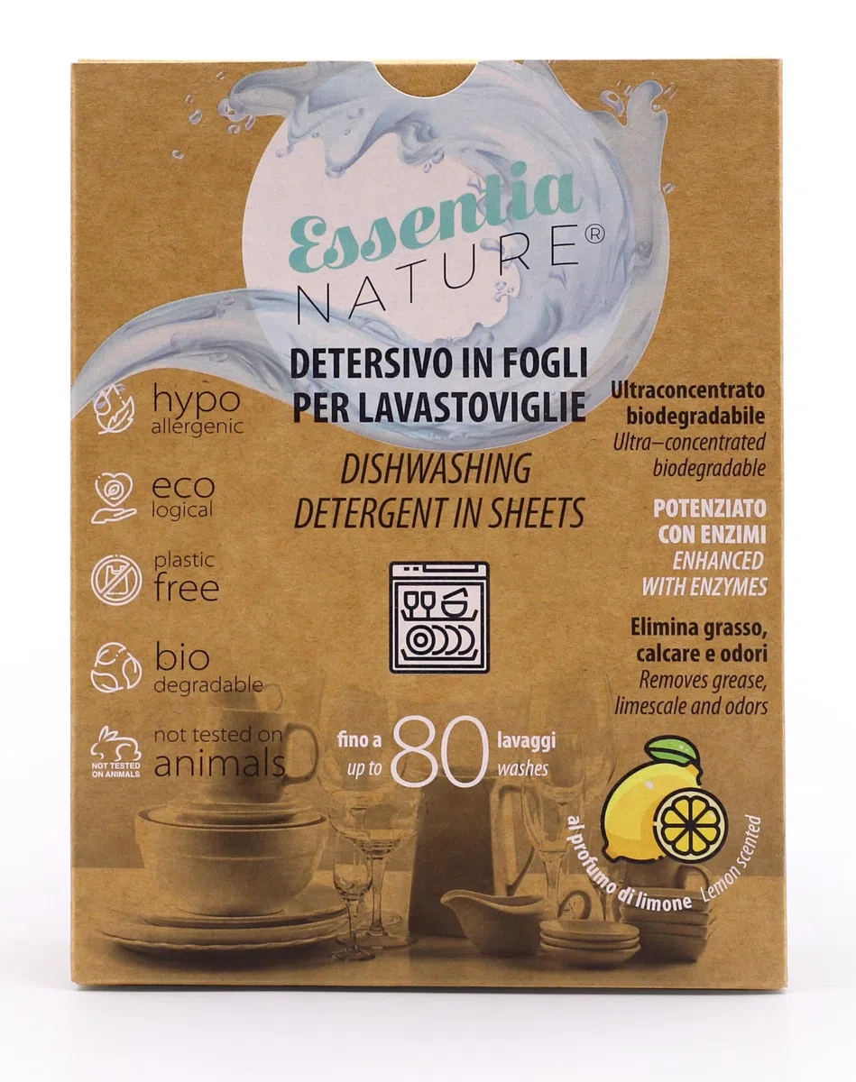 ESSENTIA Detersivo Ecologico in Fogli per Lavastoviglie | 3 Confezioni da 80 Lavaggi | Ultraconcentrato e Biodegradabile con Enzimi Naturali | Profumo Limone | Elimina Calcare e Odori | Plastic Free