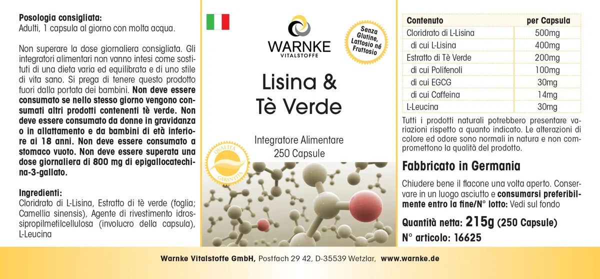 L-lisina e tè verde - 250 capsule - polifenoli - EGCG - caffeina - vegano e ad alto dosaggio - confezione grande | Warnke Vitalstoffe - Qualità farmaceutica tedesca