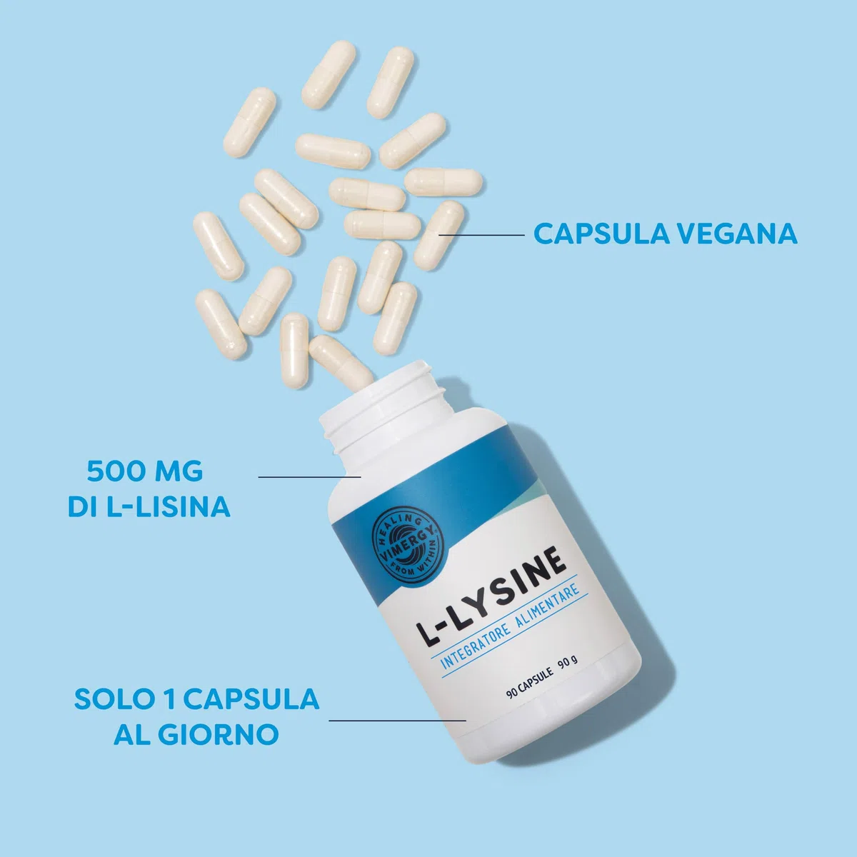 Vimergy L-Lysine 500 mg L-Lisina in Capsule, 90 Dosi – Amminoacido Essenziale – Capsula Vegana Senza Gelificanti - Senza OGM, Senza Glutine, Senza Gelatina, Kosher