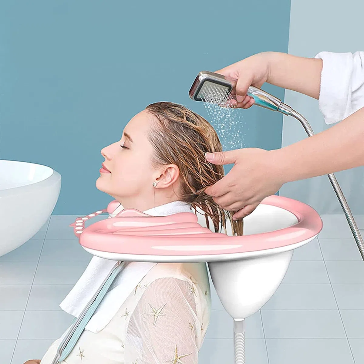 Lavandino Gonfiabile per Lavaggio di Capelli Victop Lavatesta Vassoio Portatile Bacinella Lavandino per Shampoo Mobile per Bambini Anziani Disabili Incinta Pazienti con Tubo di Acqua (Rosa)