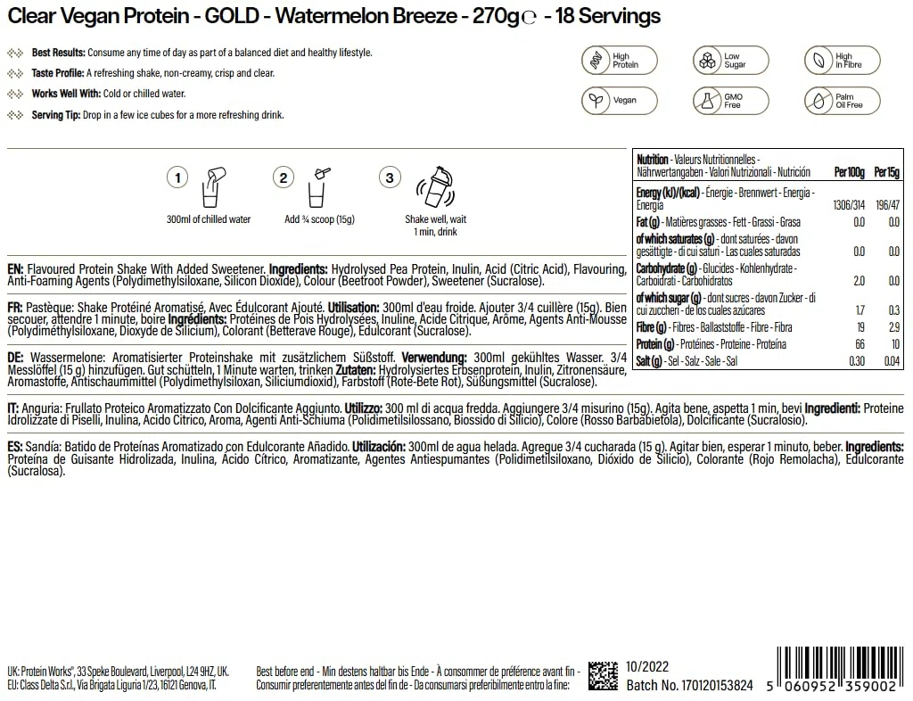 Protein Works - Proteine vegane trasparenti, bevanda rinfrescante ad alto contenuto proteico, 18 frullati, anguria, 270 g