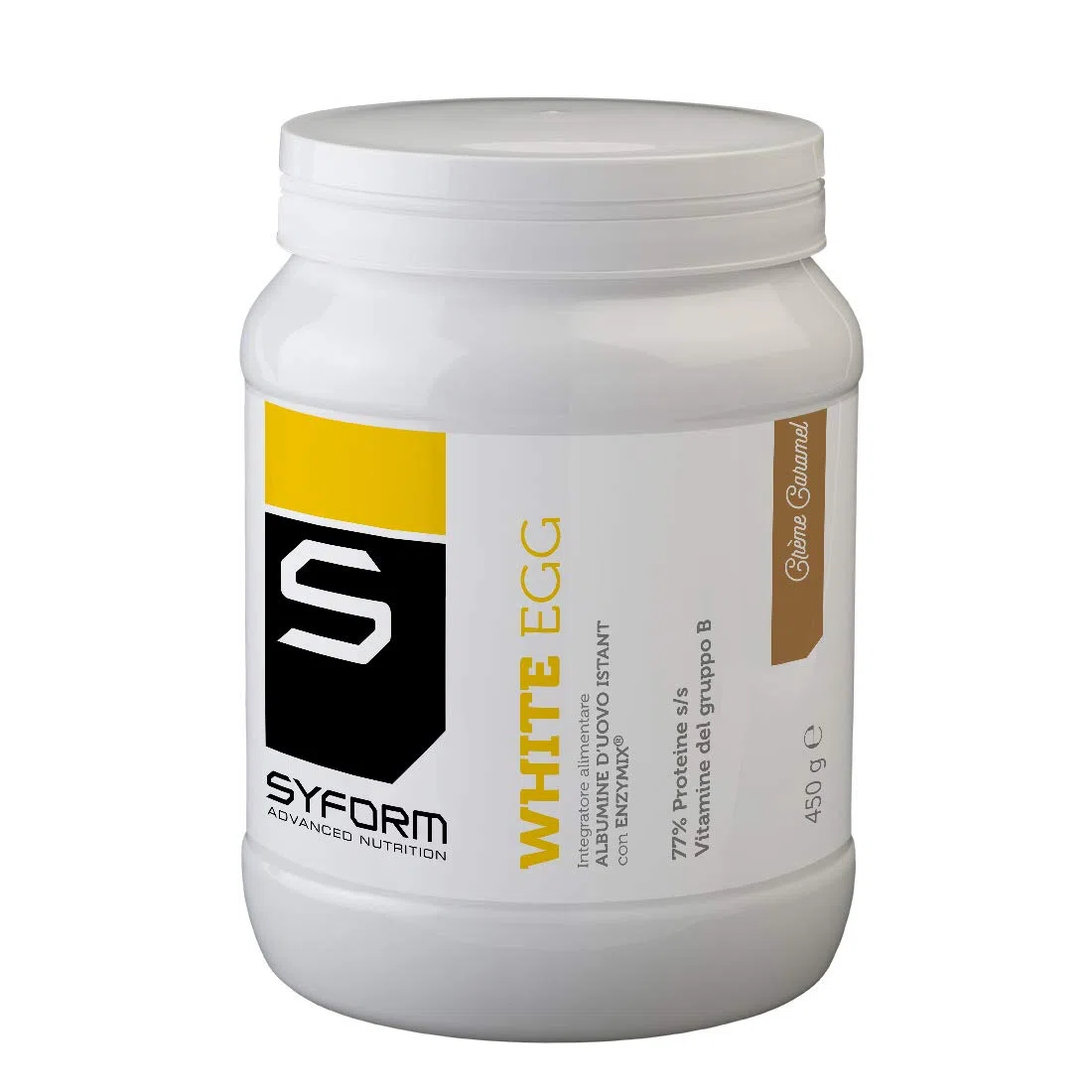 SYFORM WHITE EGG PROTEIN Gusto CREME CARAMEL 450 Gr. Proteine in polvere dell’albume d’uovo, lactose free, gluten free ovoalbumine che migliorano elasticità, tono e vigore muscolare