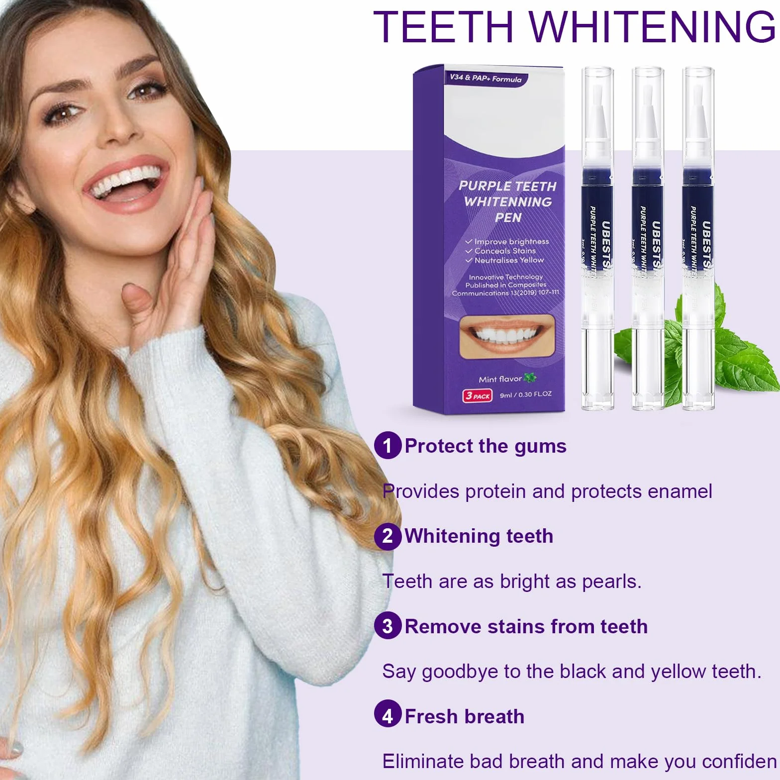 3 Pezzi Penne Sbiancante Denti,Penna Gel Sbiancamento per Dentale,sbiancante denti,Per Rimozione delle Macchie e Sorriso Più Luminoso,Facile da Usare,Rapido Sbiancamento(Viola)