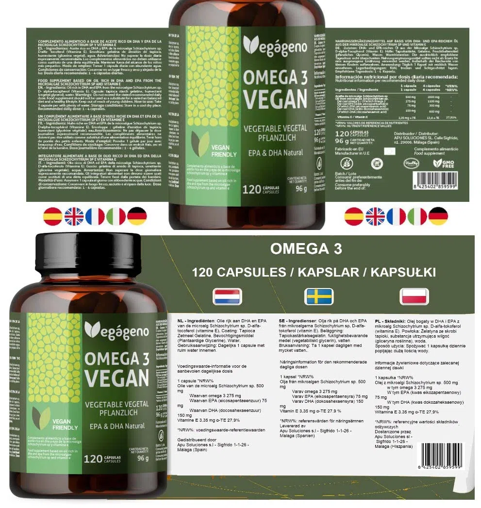 VEGAGENO Omega 3 Vegan – Olio di alghe 2000 mg di origine vegetale con 600 mg di DHA e 300 mg di EPA per dose giornaliera – 120 capsule – Senza glutine – Non OGM – In forma di Trigliceride