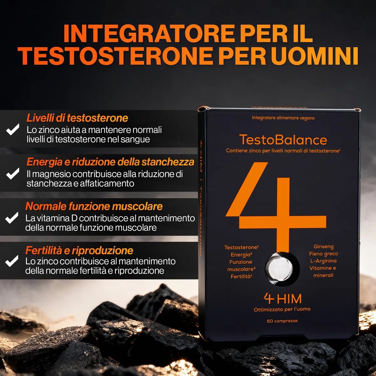 4 HIM TestoBalance Integratore Testosterone Uomo – ZMA, Ginseng & Fieno Greco – Zinco per Livelli di Testosterone – Magnesio, B6, L-Arginina & Selenio – 60 Compresse Vegane – Certificato GMP