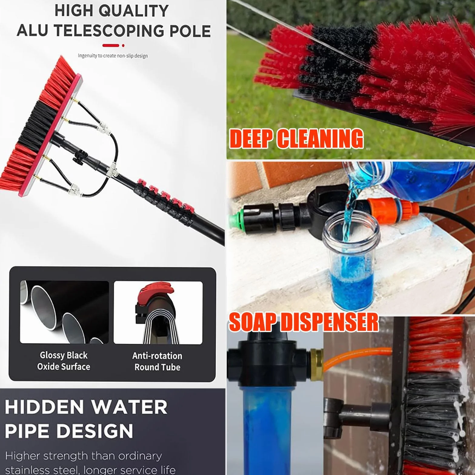 Cepillo de Limpieza telescóo de 3,6 m a 12 m Hydro Cleaner con dispensador de jabón Ideal para Paneles solares, Ventanas, techos, Cames y automóviles - Cepillo de 55 cm Accio