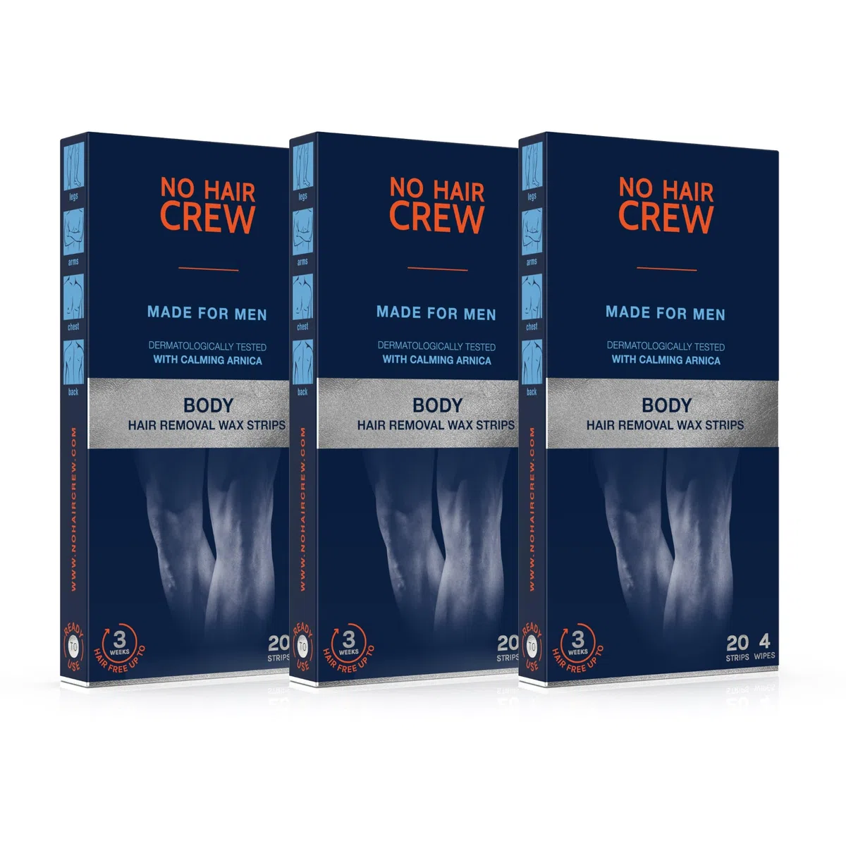 NO HAIR CREW Strisce Depilatorie Corpo Uomo Confezione da 3 (3 x 20 Strisce + Salviette Lenitive) – Depilazione a Lunga Durata