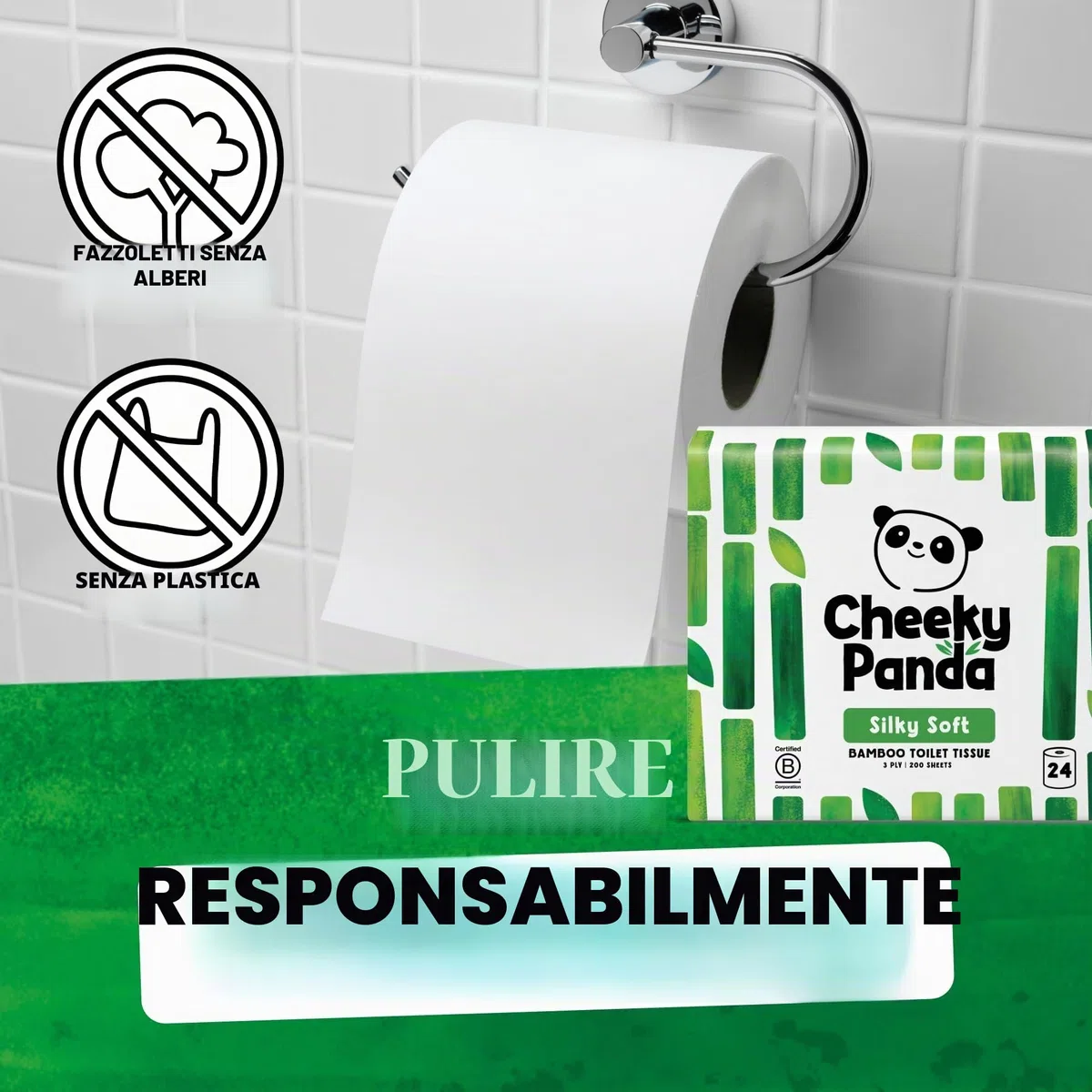 The Cheeky Panda Carta Igienica Bamboo | 24 x Rotoli Carta Igienica 3 Veli | 200 Soffici Fogli | Biodegradabile ed Ecológico | Senza plastica